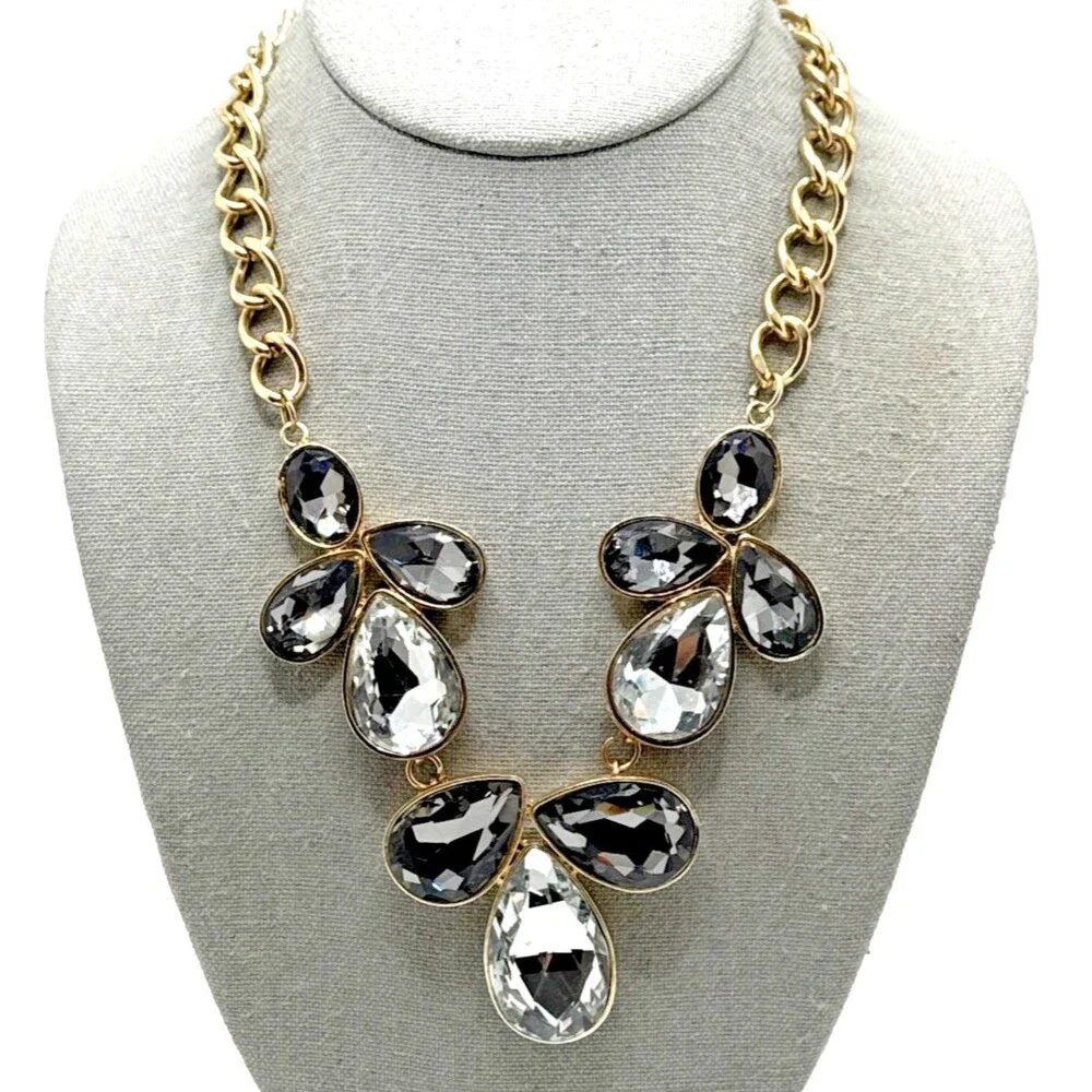 Rhinestone Bib Necklace Clear Smoky Faceted Floral Statement 18-20